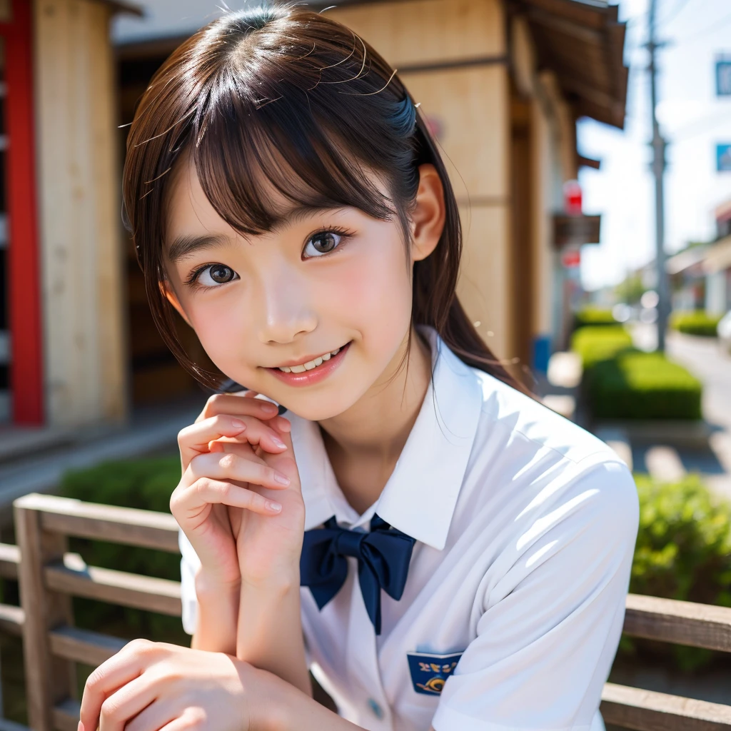 (Beautiful 12 year old Japan woman), Cute Face, (Deeply chiseled face:0.7), (freckles:0.6), Soft Light,Healthy white skin, shy, (Serious face), (Sparkling eyes), thin, smile, uniform