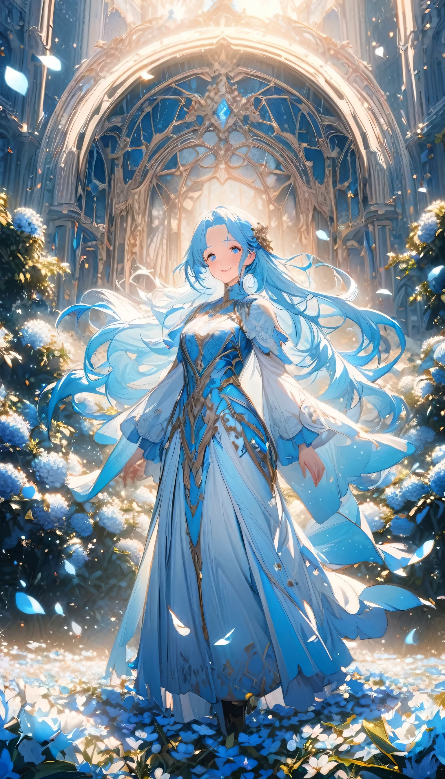 (Absurd, High resolution, Super detailed, 超High resolution, Cinematic), alone, One girl, mature, Happy, girl standing in Light blue flower field, Light blue flower petal surrounding girl, whole body, Girl with blue long hair, Light blue hair, Fantasy, dream-like, the snow&#39;s, Official Art, Pop Art, profile, Super detailed face, Super detailed eyes, Light blue flower field, Super detailed field, white blue sky, cold, Light blue, white,  Nebula in the sky, Blue Tree, watercolor, pastel colour