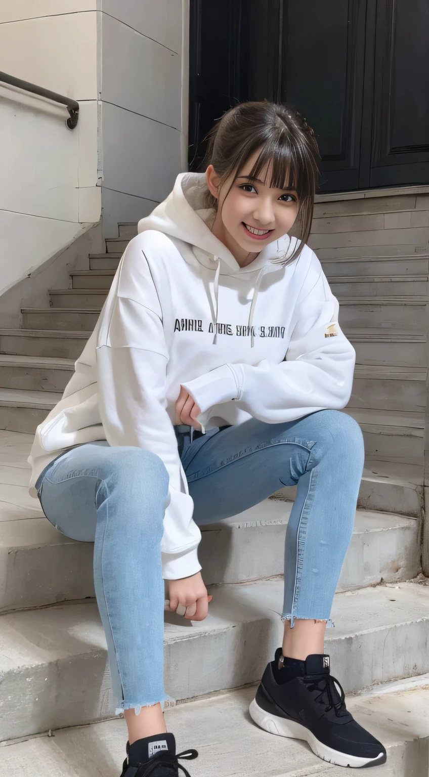 highest quality, Realistic, Very detailed, Finer details, High resolution, 8k wallpaper, One beautiful woman,Sit on the stairs、（Wear black socks）smile、（Beautiful teeth alignment、）（Gums are visible） Oversized hoodie, Skinny jeans,（ Black sneakers）、Black Hair、 Beautiful Bangs、ear piercing、Perfect dynamic composition, Beautiful and detailed, Full Body Shot, A big smile brown hair