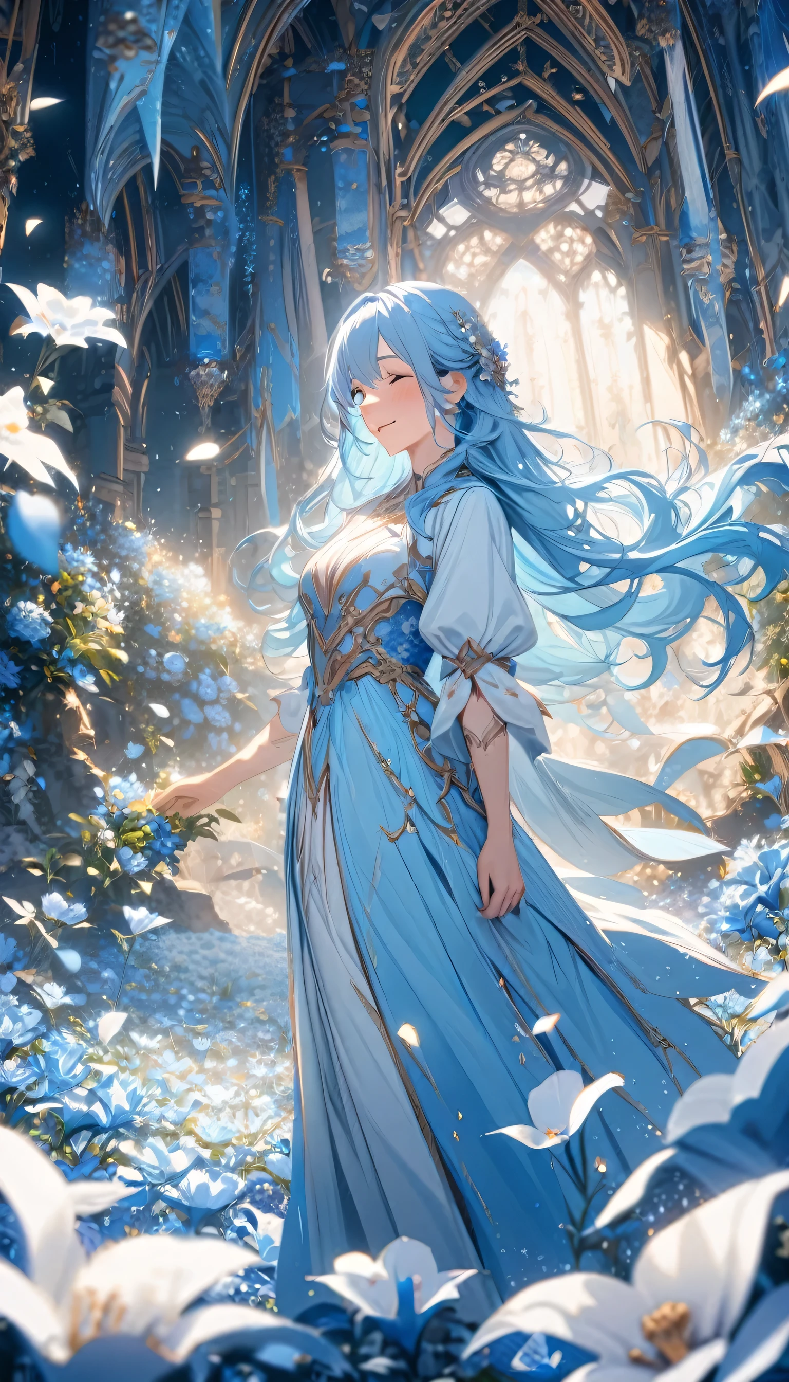 (Absurd, High resolution, Super detailed, 超High resolution, Cinematic), alone, One girl, mature, Happy, girl standing in Light blue flower field, Light blue flower petal surrounding girl, whole body, Girl with blue long hair, Light blue hair, Fantasy, dream-like, the snow&#39;s, Official Art, Pop Art, profile, Super detailed face, Super detailed eyes, Light blue flower field, Super detailed field, white blue sky, cold, Light blue, white,  Nebula in the sky, Blue Tree, watercolor, pastel colour