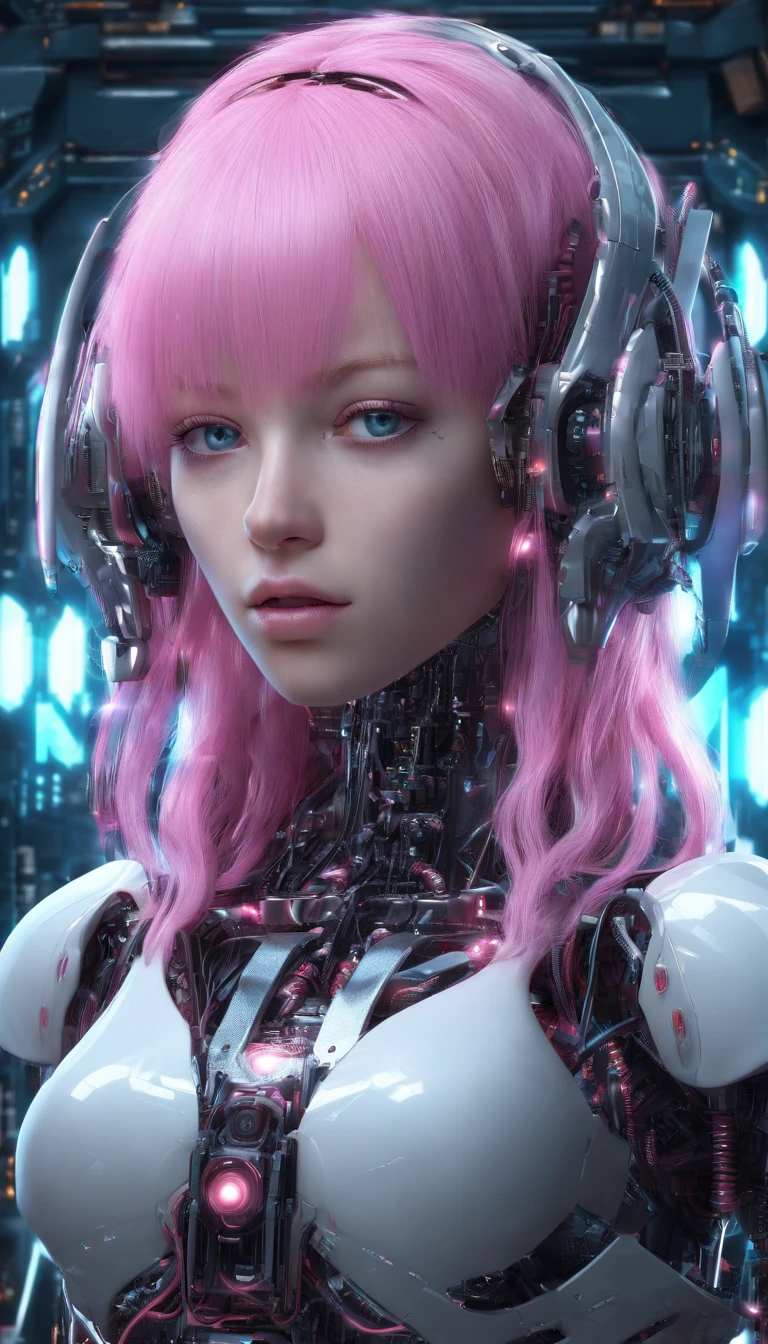 best quality, highres), pink haired girl with long hair, close-up of her face, wearing a white skirt, details of her eyes and face, bright colors, soft lighting, digital illustration, ethereal atmosphere