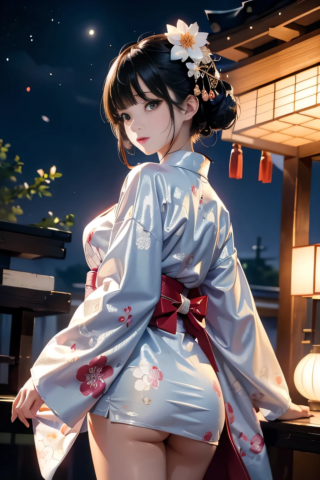 ((sexy cute mini kimono and elegant beautiful white laced panties)),
((looking back)),♥(Japanese beautiful flower printed kimono,yukata),((1girl,cute,young,semi long beautiful black hair,blunt bangs,twin tales,beautiful eyes)),(solo),((masterpiece, highest resolution,best quality)), (beautiful illustration),(Japanese beautiful flower printed kimono,yukata),
 (looking at the viewer), innocent smile,cinematic lighting,Japanese Festival,stall,fireworks,night sky,full moon,shooting star,