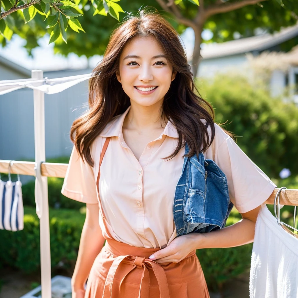 ((((Japanese high school girl hanging laundry on clothesline hanger,Complex and accurate clothesline hanger,Complex and accurate clothesline,Woman Hanging Panties,Hang and dry sexy underwear,Waist up shot,カメラを見つめるThe best smile,The background is a garden and a blue sky,Natural soft lighting)))),((Japan Beauty 1,40 year old beauty,The cutest idol face in Japan)),(looking at the camera,The best smile、Hair length,Wavy Hair,Everything is classy and elegant,Trainers and trouser apron,Wearing an apron,huge ,A chest that&#39;s about to burst,Accentuate your breasts),(Have a look at this,完璧なlooking at the cameraだ,Beautiful teeth,Perfect Face,White teeth,Perfect Teeth,8k、high quality、最high quality，masterpiece，High resolution，At 8k,Ultra HD,Soft Lighting,,high quality, High resolution)