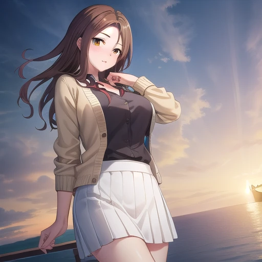 ((masterpiece)),(highest quality),Official Art,Highly detailed CG,unity 8k wallpaper,Super detailed,Lighthouse on top of a cliff by the sea,One girl,alone,Upper Body,View Viewer,Long Hair,Brown Hair,Brown eyes,Beige cardigan,Open cardigan,Green Shirt,Big Breasts,White Skirt,Long skirt,High heels,