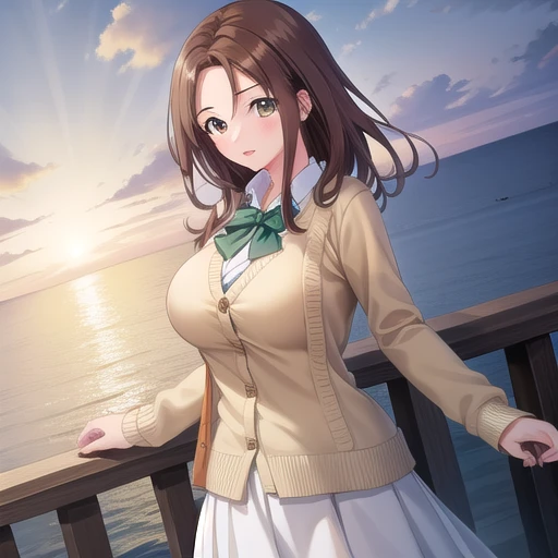 ((masterpiece)),(highest quality),Official Art,Highly detailed CG,unity 8k wallpaper,Super detailed,Lighthouse on top of a cliff by the sea,One girl,alone,Upper Body,View Viewer,Long Hair,Brown Hair,Brown eyes,Beige cardigan,Open cardigan,Green Shirt,Big Breasts,White Skirt,Long skirt,High heels,