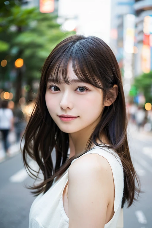 ((Photoreal)), 8K full-length portrait, (Beautiful woman), (Japanese woman), (detailed face), attractive look, Clear system, 18-year-old, Tokyo city, summer, for the background, medium hair,