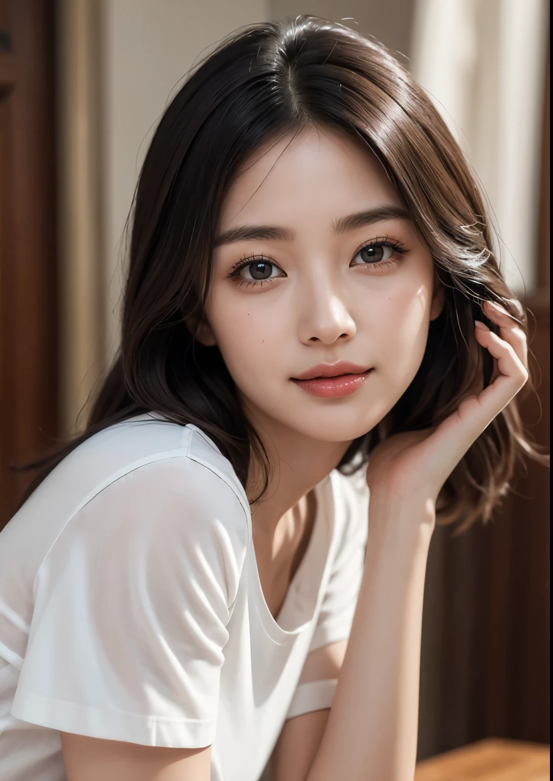 beautiful detailed eyes, beautiful detailed lips, extremely detailed eyes and face, long eyelashes, 1girl, asian, korean, beautiful woman, beautiful girl, cute, shy, smiling, happy, wearing white t-shirt with "subscribe me" text in english, detailed clothing, photorealistic, 8k, high resolution, hyperrealistic, realistic lighting, dramatic lighting, cinematic, elegant, serene, calm, peaceful