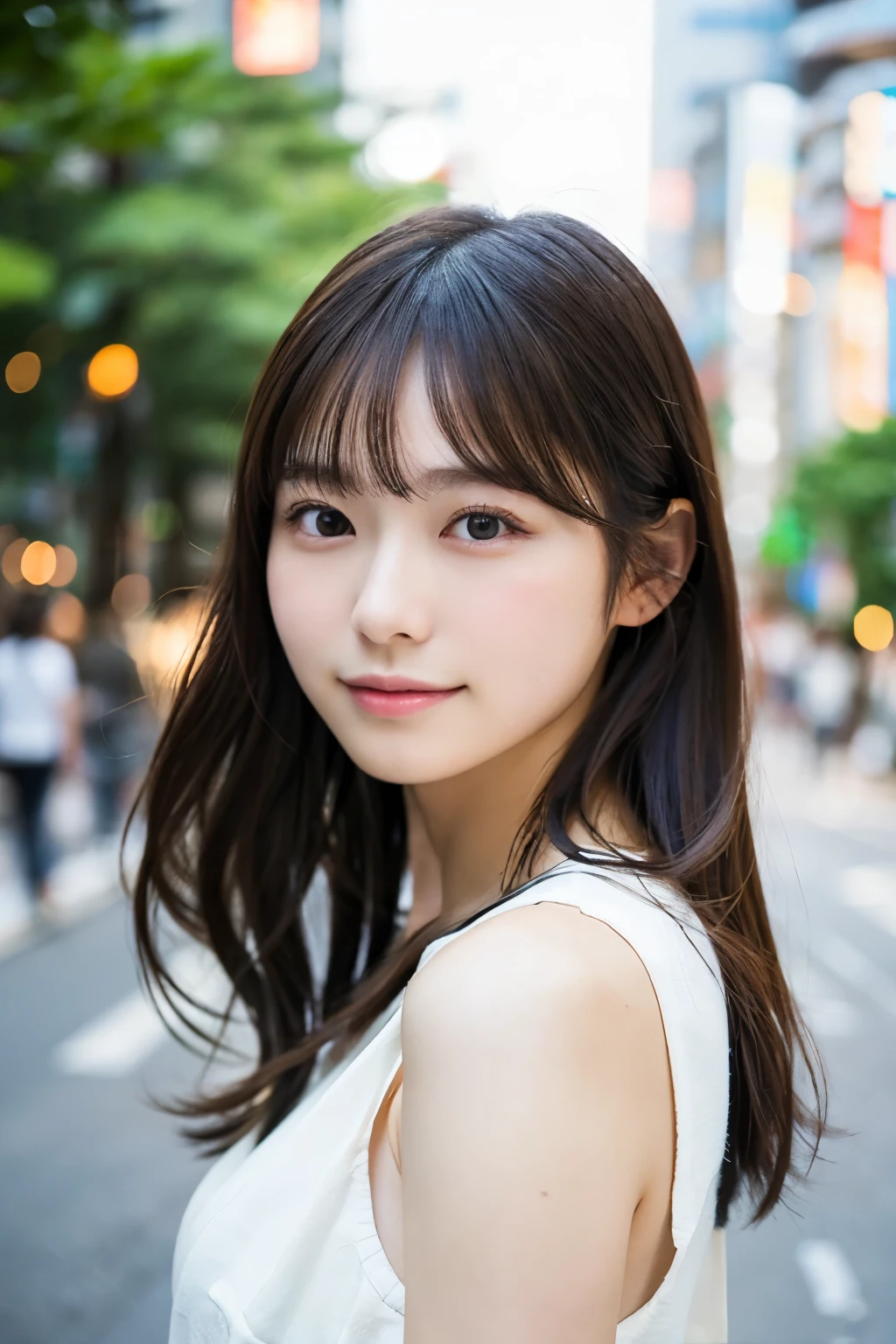 ((Photoreal)), 8K full-length portrait, (Beautiful woman), (Japanese woman), (detailed face), attractive look, Clear system, 18-year-old, Tokyo city, summer, for the background, medium hair, 