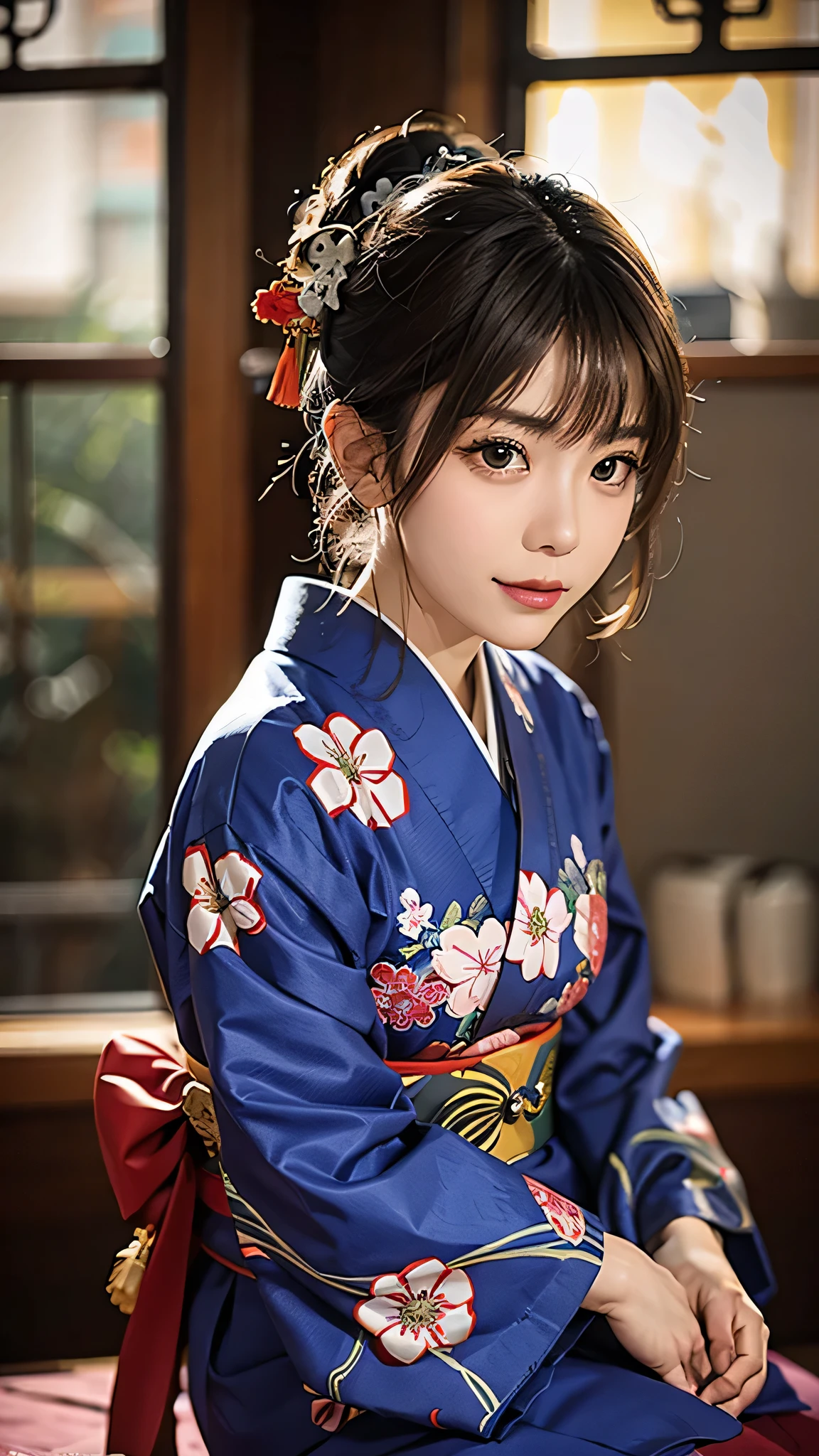 Realistic, alone, Beautiful Japanese Woman, Traditional Kimono, Natural appearance, A kind smile, Impressive Gaze, Traditional hairstyle, Japanese-style room at dusk, Sit by the window, Illuminated by the city lights, (Attractive pose), Professional Photographer, Shallow depth of field, Backlight,