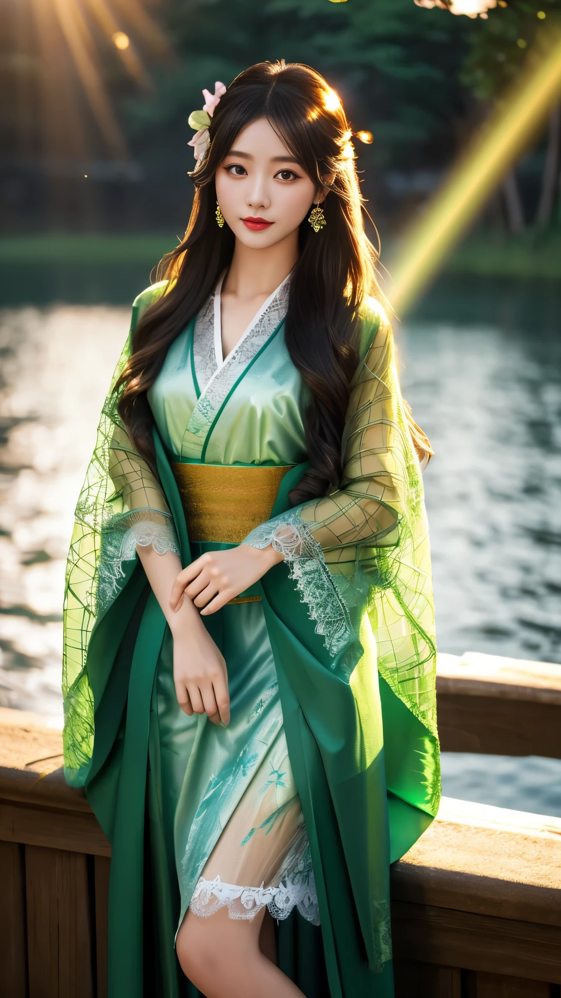 8K, UHD, masterpeiece,best quality, 1 girl, detailed face, detailed eyes, very long hair, long straight hair, small breasts, very detailed dress, kimono costume, green costume, ((mesh lace)), sardine, flowing sardine, jwellery, earring, ornaments, flower, evening, lake, water, sunset, depth of field, glowing light, god rays, reflection light, bloom, looking at viewer,