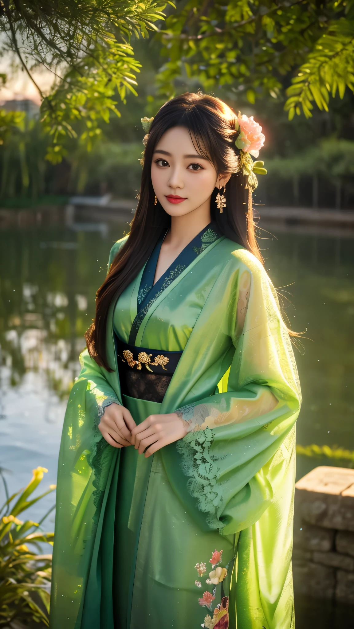 8K, UHD, masterpeiece,best quality, 1 girl, detailed face, detailed eyes, very long hair, long straight hair, small breasts, very detailed dress, kimono costume, green costume, ((mesh lace)), sardine, flowing sardine, jwellery, earring, ornaments, flower, evening, lake, water, sunset, depth of field, glowing light, god rays, reflection light, bloom, looking at viewer,