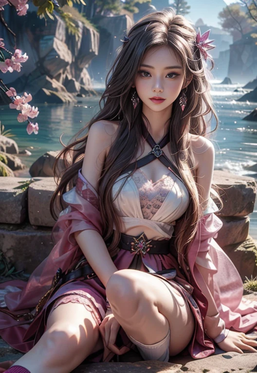 8K, Ultra high quality, masterpiece, HD color, 1 girl, Perfect face, very long curly hair, delicate eyes, Simple clothes, ((Magenta clothing)), Socks, ((Crisscross lace)), sardine, Shoulder Straps, Netsuit, ((Long loop)), jewelry, Waterside, Realistic scenery, Epic Landscapes, Sun rise, night, cloud, Butterfly, Cherry blossoms, Blowing, perfect posture,