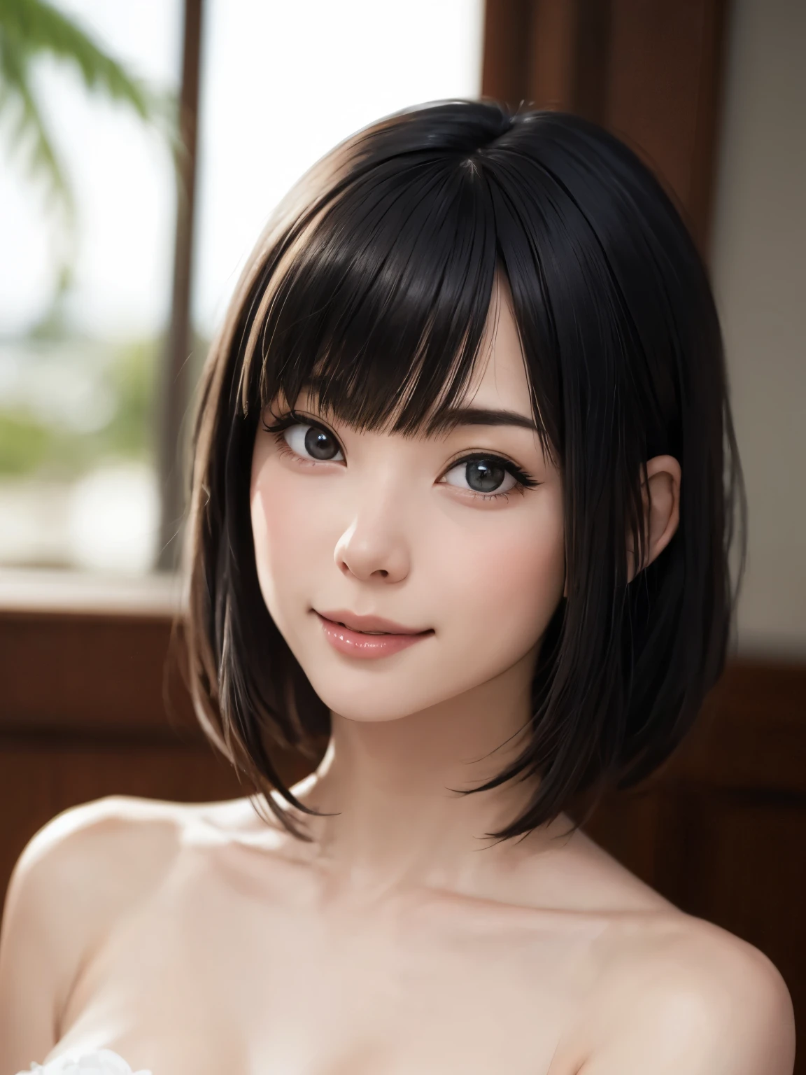 1 girl、highest quality、Realistic、alone、Written boundary depth、Natural soft light、Daytime、charm、Beautiful Face、Cleanliness、Pure Face、White skin、cute、short hair、prohibit、Beach、Light of the sun、Nedium Breast Body Esbian、((セーターを着たBeautiful Faceの黄金比 対称性のあるBeautiful Face))、Long neck、Listen carefully、prohibitのあるきれいな短いボブヘア、Laugh with your mouth closed、Perfect hands指、Perfect hands、Perfect body、Perfect Face、Shine a light into your eyes、Perfect Anatomy:1.4、とてもcuteスーパーモデル:1.4、{Huge|big|Hugeな|Mega} chest:2, chestの谷間:2