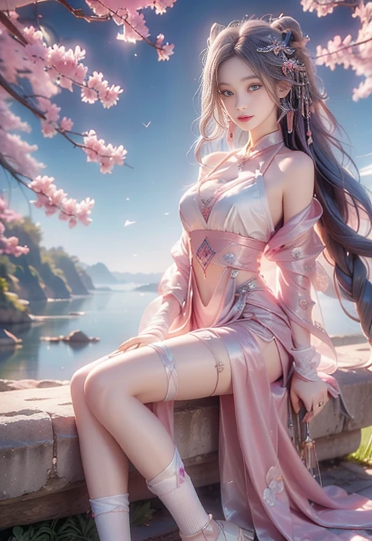 8K, Ultra high quality, masterpiece, HD color, 1 girl, Perfect face, very long curly hair, delicate eyes, Simple clothes, ((Magenta clothing)), Socks, ((Crisscross lace)), sardine, Shoulder Straps, Netsuit, ((Long loop)), jewelry, Waterside, Realistic scenery, Epic Landscapes, Sun rise, night, cloud, Butterfly, Cherry blossoms, Blowing, perfect posture,