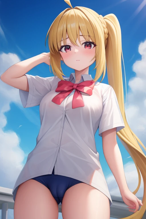 (masterpiece, highest quality:1.2), A girl with blonde hair and red eyes wearing a white shirt, Side Ponytail, Full Bang, Looks confused, School, 
Super detaileded, highest quality, Expressive eyes, Perfect Face, super high quality, Super detailed,nsfw,cameltoe