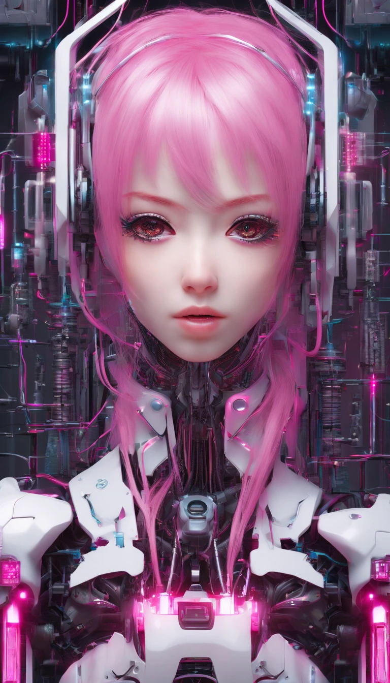 best quality, highres), pink haired girl with long hair, close-up of her face, wearing a white skirt, details of her eyes and face, bright colors, soft lighting, digital illustration, ethereal atmosphere