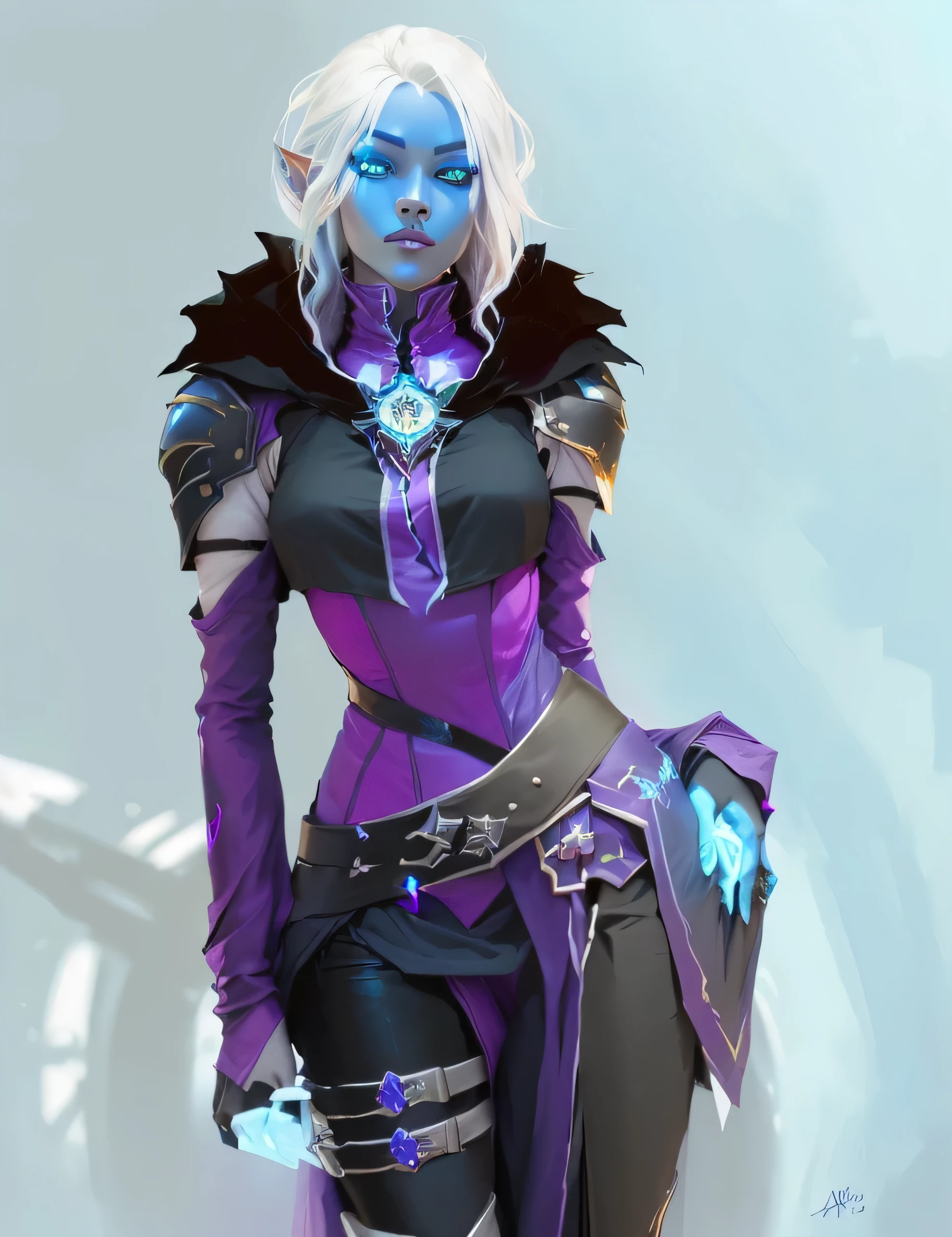 a close up of a person with a sword and a purple outfit, starfinder character, painted in the style arcane, style of starfinder, portrait of jinx from arcane, starfinder style, drow, human :: sorceress, inspired in kris from deltarrune, drow ranger, portrait of a female elf warlock, pretty drow, perfect drow, glowing blue eyes