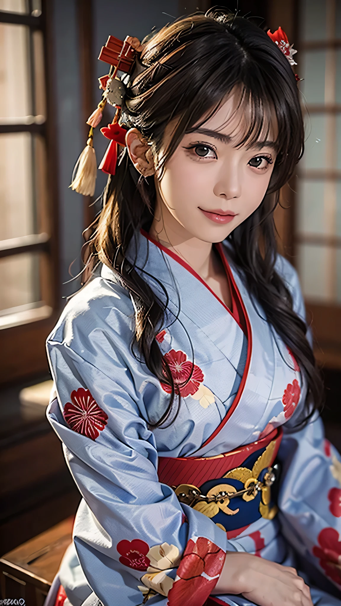 Realistic, alone, Beautiful Japanese Woman, Traditional Kimono, Natural appearance, A kind smile, Impressive Gaze, Traditional hairstyle, Japanese-style room at dusk, Sit by the window, Illuminated by the city lights, (Attractive pose), Professional Photographer, Shallow depth of field, Backlight,