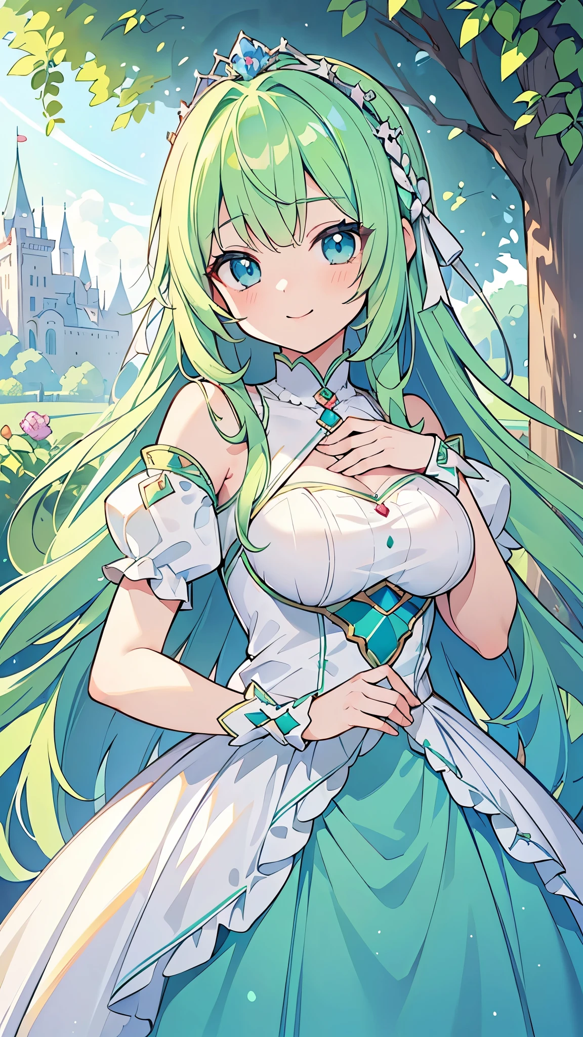 ((A Pretty girl with green hair and blue eyes)), ((wearing the white dress)), Baby face, ((top-quality, master piece, ultra-definition, high resolution)), anime girl, ((ultra-detailed illust:1.2)), only one person, bangs, hair between eye, beautiful hair, Beautiful eyes, medium breast, Big smile, in the forest