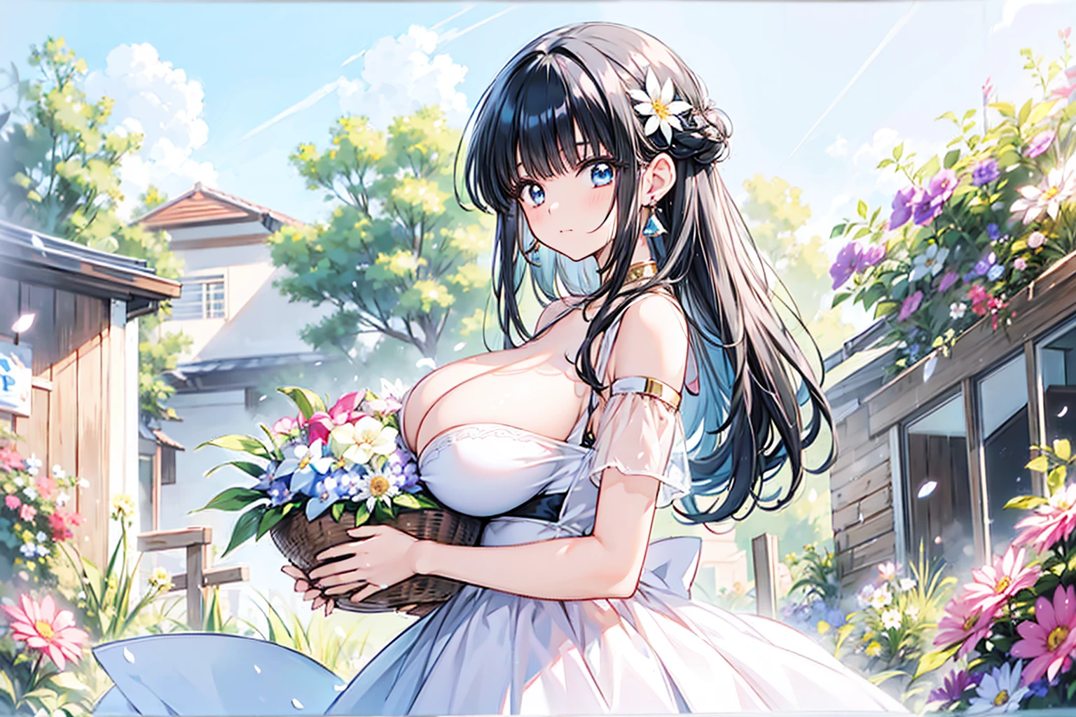 an anime style painting of a woman with very large breasts holding baskets, 1girl, breasts, solo, flower, black hair, underwear, blue eyes, outdoors, hair ornament, long hair, bra, looking at viewer, huge breasts, gigantic breasts, bangs, cleavage, jewelry, shiny, earrings,see-through dress