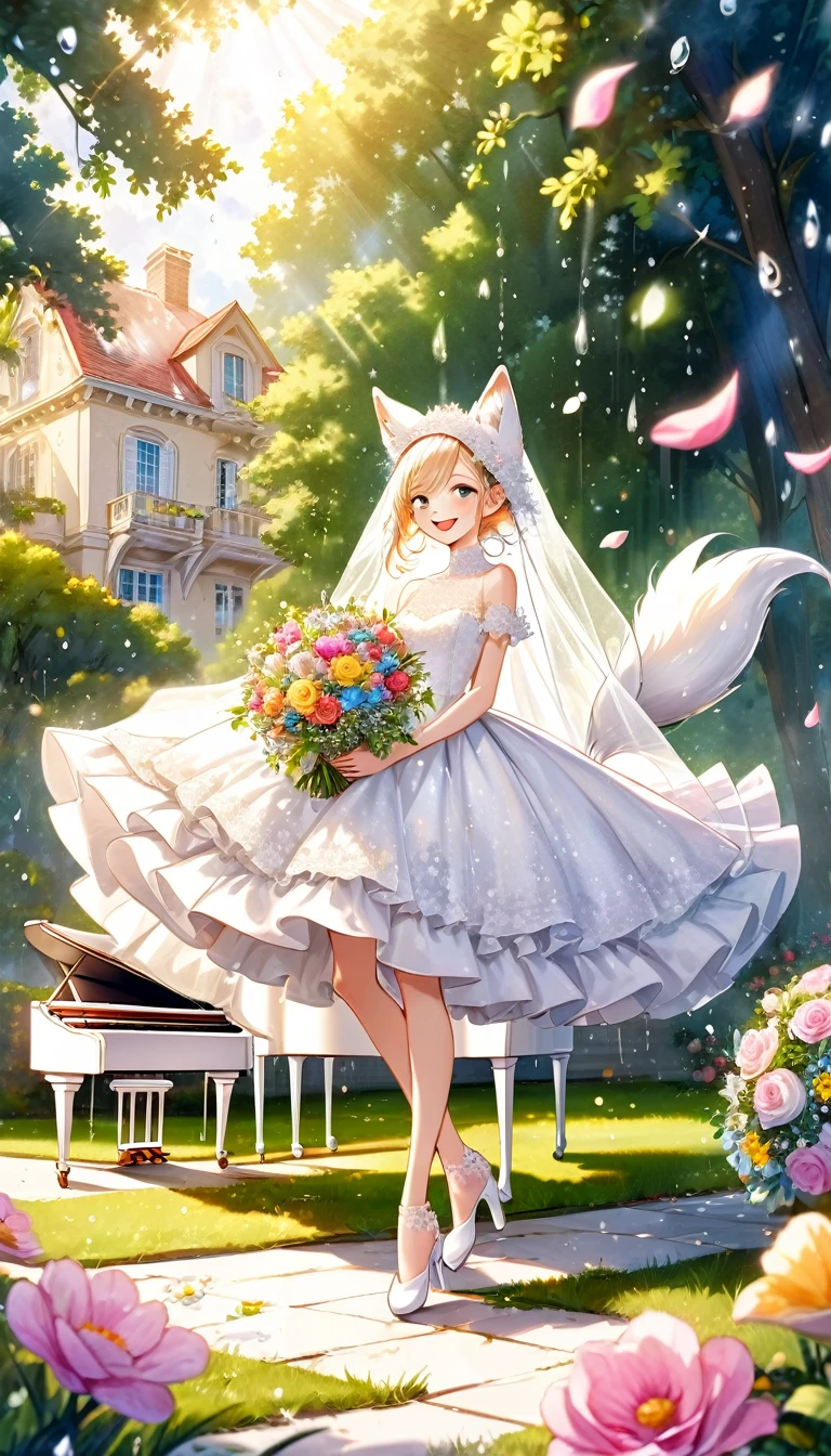 combination of oil painting and watercolor painting, Best quality, super great, 16K, incredibly absurd, extremely detailed, gentle and dynamic, beautiful cute white fox fairy, happy smile, beautiful wedding dress and veil with frills and lace, Bouquet toss, colorful flower petals, White grand piano in the grassy courtyard of a Northern Renaissance mansion, season June, Sunlight penetrates through the trees, Showers, Sparkling raindrops, various graphic effects in soft colors with golden glitter