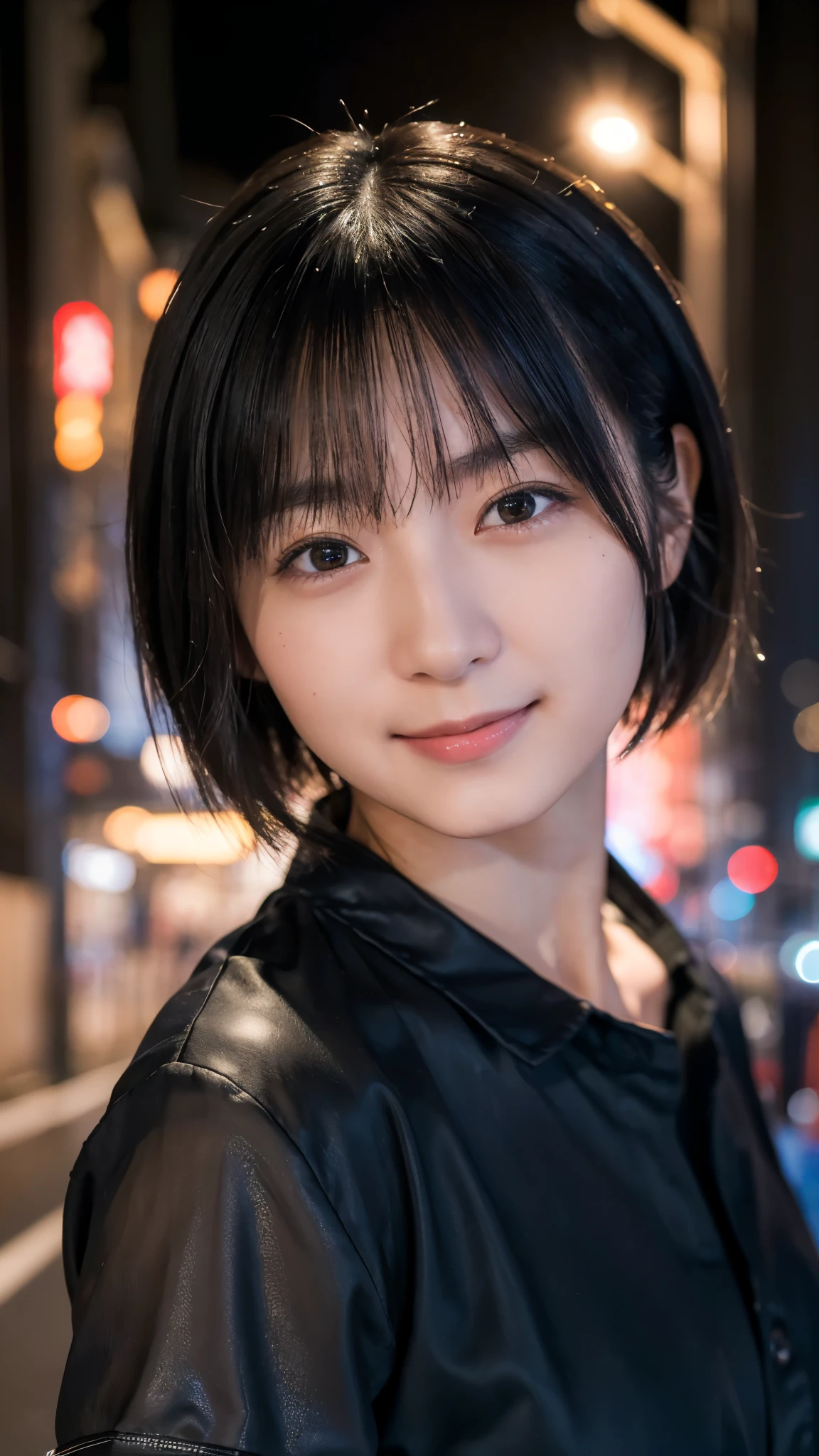 (highest quality,masterpiece:1.3,Ultra-high resolution),(Super detailed,Caustics,8k), (Photorealistic:1.4, RAW shooting),City of night,Japanese,20-year-old,smile,Black short hair,Black Shirt,Bust up shot,Face Focus,Face close up,Street lamp light