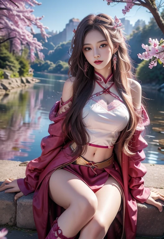 8K, Ultra high quality, masterpiece, HD color, 1 girl, Perfect face, very long curly hair, delicate eyes, Simple clothes, ((Magenta clothing)), Socks, ((Crisscross lace)), sardine, Shoulder Straps, Netsuit, ((Long loop)), jewelry, Waterside, Realistic scenery, Epic Landscapes, Sun rise, night, cloud, Butterfly, Cherry blossoms, Blowing, perfect posture,