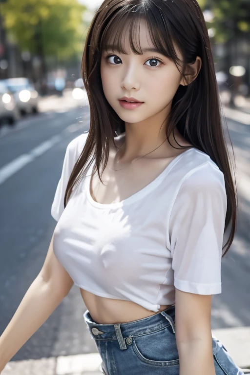 Realistic),(High resolution close up), , ultra high density skin, Beautiful lightning, Awards - Winning Photos,、15歳の日本の女子高生flat chest、、(beautiful medium-sized breasts:)Beautiful Eyes、Clear Eyes、Show your boobs、 (Very few、flat、Denim pants、((White shortsTPut on a shirt))、Semi-long hair、on the road、Show your 、