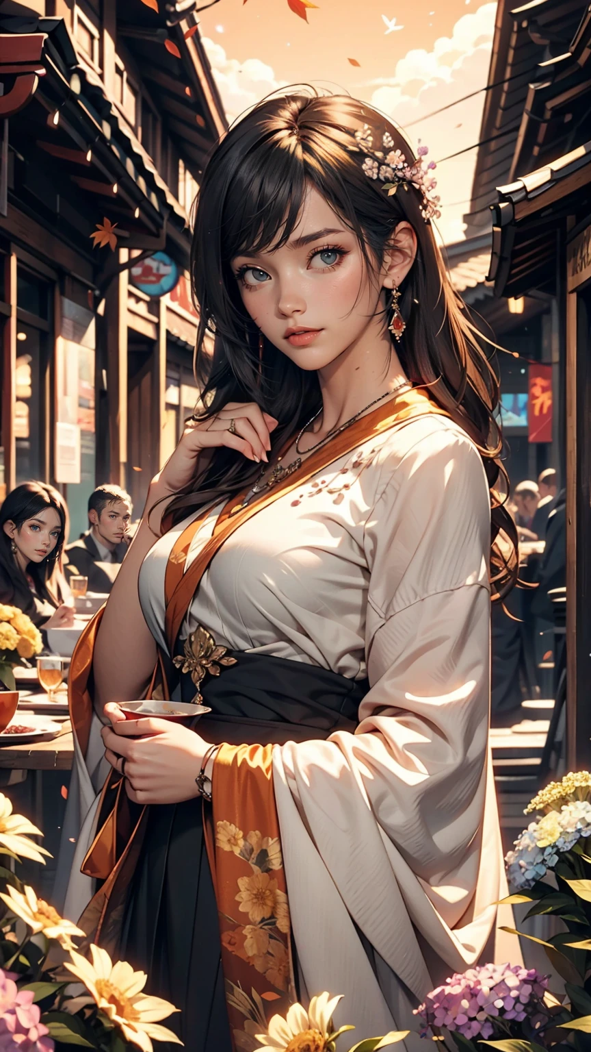 masterpiece, 最high quality, high quality, Very detailed CG 8k wallpaper unit, scenery, Outdoor, set up, Medieval Tavern, autumnの空, autumnの夕暮れ, autumn、winter, Cloudy, The big moon shines, Award-winning photography, Depth of written boundary, High resolution, Flowers, squirt, Hydrangea, Realistic, Very detailed, Complex, Attention to detail, dramatic, Art on the go, Art Station Trends, CGsociety Trends, chromatic aberration.
