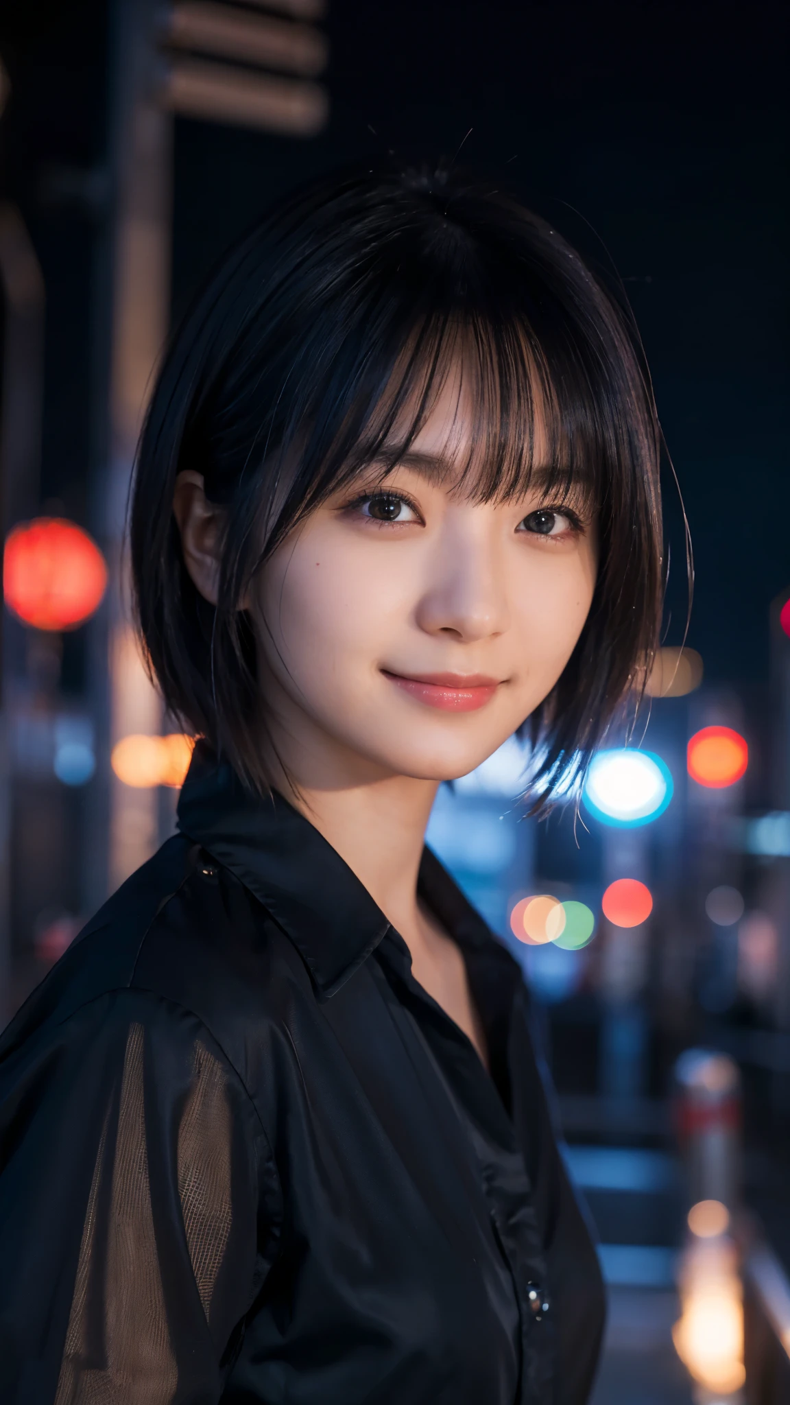 (highest quality,masterpiece:1.3,Ultra-high resolution),(Super detailed,Caustics,8k), (Photorealistic:1.4, RAW shooting),City of night,Japanese,20-year-old,smile,Black short hair,Black Shirt,Bust up shot,Face Focus,Face close up,Street lamp light