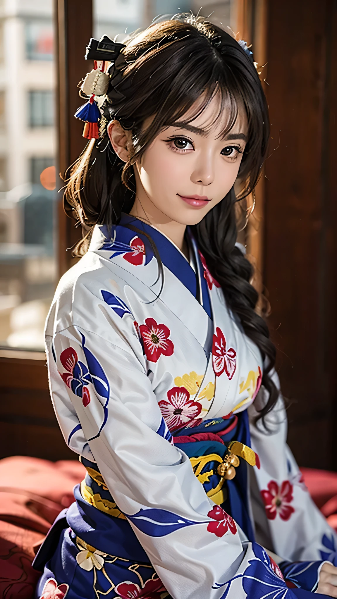 Realistic, alone, Beautiful Japanese Woman, Traditional Kimono, Natural appearance, A kind smile, Impressive Gaze, Traditional hairstyle, Japanese-style room at dusk, Sit by the window, Illuminated by the city lights, (Attractive pose), Professional Photographer, Shallow depth of field, Backlight,