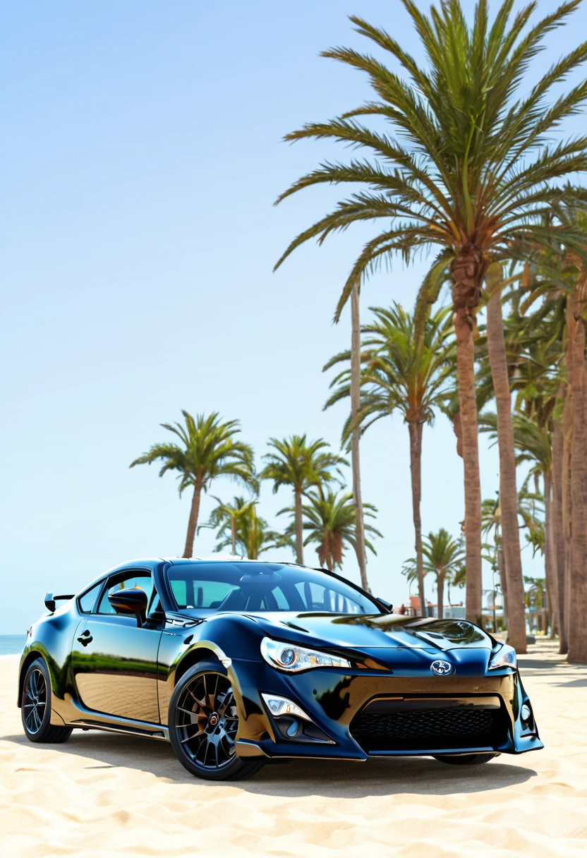 Sticker design, toyota gt86 car, beach background, Palm trees, 5 colors of layers, Corner Street, Beleq drum, Presean, car in black color, realistik fotographi 16K 