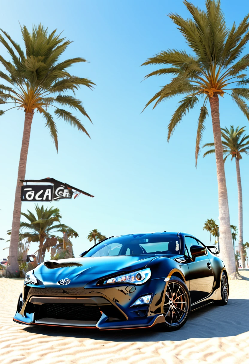 Sticker design, toyota gt86 car, beach background, Palm trees, 5 colors of layers, Corner Street, Beleq drum, Presean, car in black color, realistik fotographi 16K 