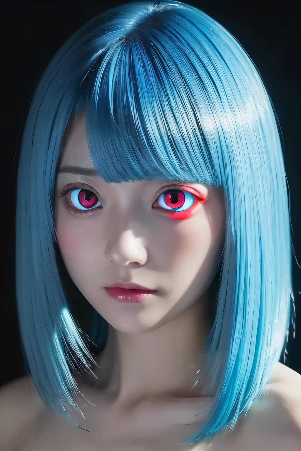 8k、(highest quality:1.4) 、masterpiece、 1 girl、Cinema Lighting、Shadow、Long and slender body、slim、Flat body、 face、cute、inverted triangle face、 (Close-up head shot:1.3) 、 Bobcut、Realistic skin texture、(Glowing red eyes:1.5)、、(Light blue hair color:1.5)、)、blush all over the face、Embarrassing、 (Looking down from above), (Upturned eyes)