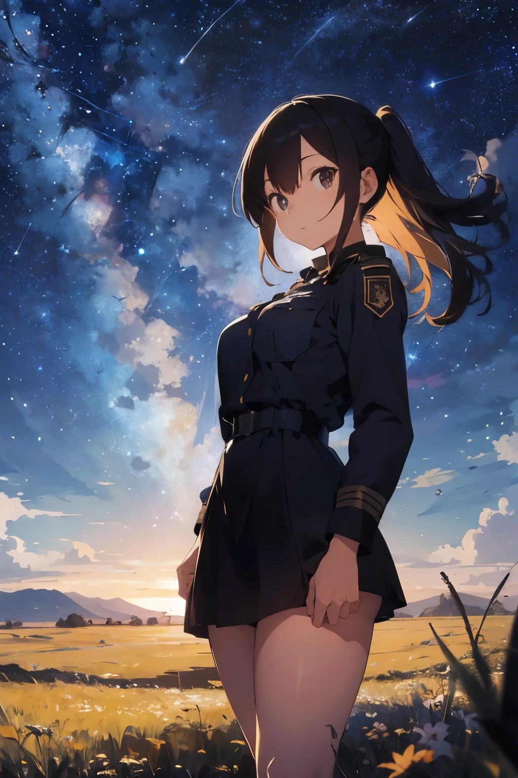 I need a girl in uniform with same art style and extremely beautiful standing in a meadow where all the stars, moon and other celestial objects are visible.