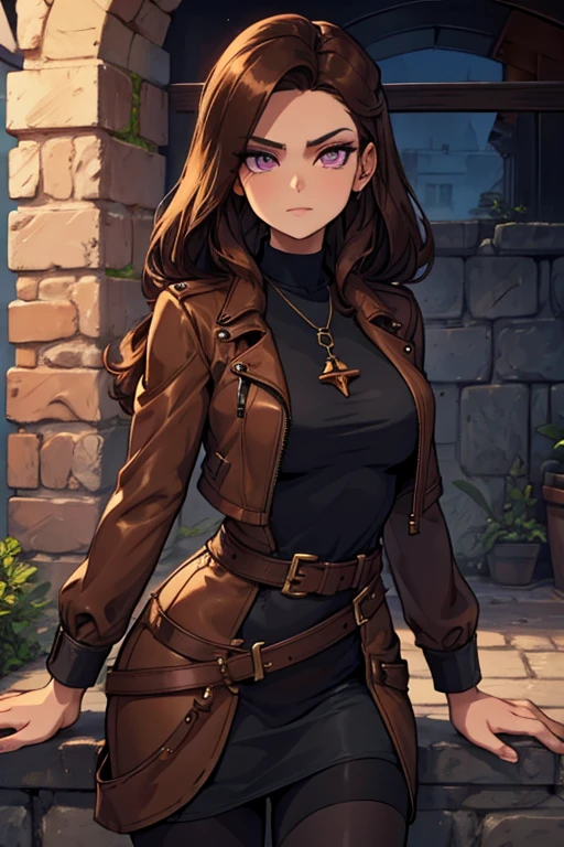 A brown haired woman with copper eyes and an hourglass figure in a leather jacket and a Gothic t-shirt dress is posing on a brick wall with a purple pendant in her hands.