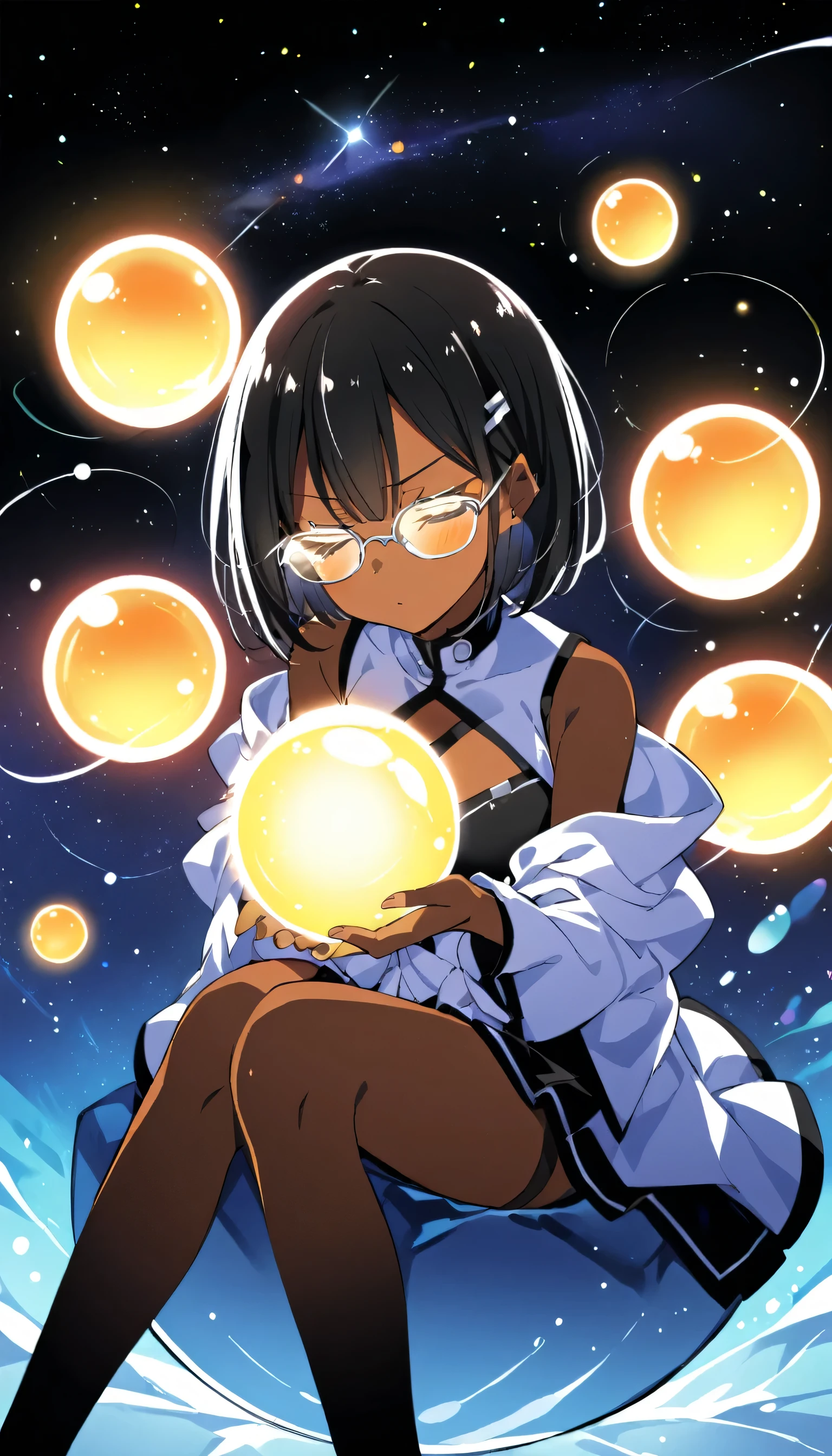 ((One girl)), anime, Short black hair, Dark Skin, Shiny glasses lenses, Mouth closed and expressionless, Sitting, She holds a glowing sphere in her hand.、Two other glowing spheres orbit her..