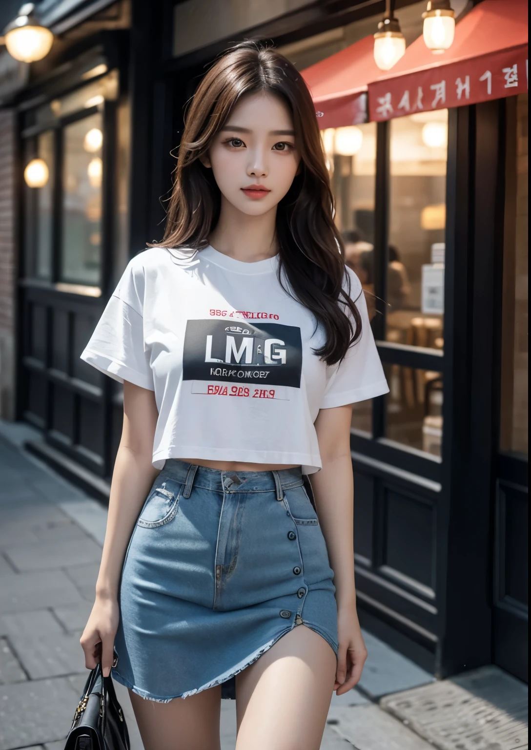 a beautiful korean girl wearing a "subscribe me" letters in English on t-shirt, standing in front of a restaurant, detailed beautiful face with striking eyes and lips, long silky hair, elegant pose, vivid colors, dramatic lighting, intricate details, photorealistic, cinematic composition, masterpiece, tight skirt, above knee length skirt, upper body shot, beautiful restaurant, beautiful street