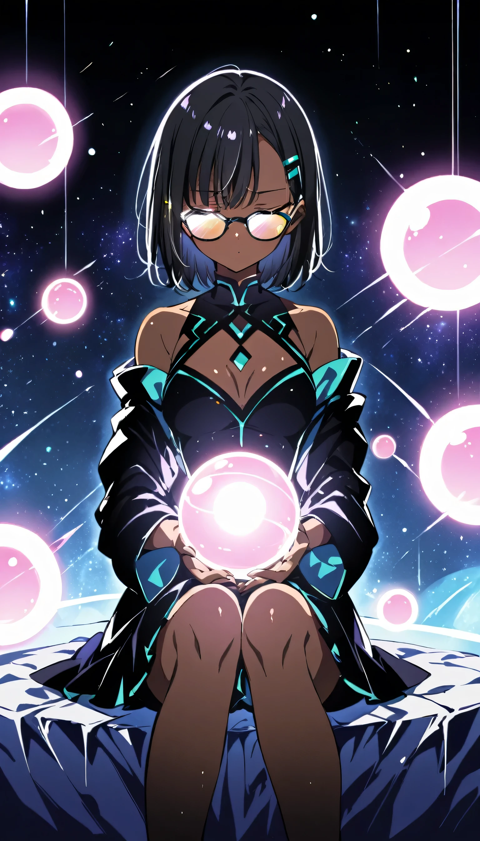 ((One girl)), anime, Short black hair, Dark Skin, Shiny glasses lenses, Mouth closed and expressionless, Sitting, She holds a glowing sphere in her hand.、Two other glowing spheres orbit her..