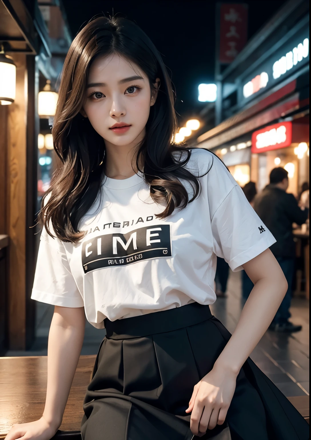 a beautiful korean girl wearing a "subscribe me" letters in English on t-shirt, standing in front of a restaurant, detailed beautiful face with striking eyes and lips, long silky hair, elegant pose, vivid colors, dramatic lighting, intricate details, photorealistic, cinematic composition, masterpiece, tight skirt, above knee length skirt, upper body shot, beautiful restaurant, beautiful street 
