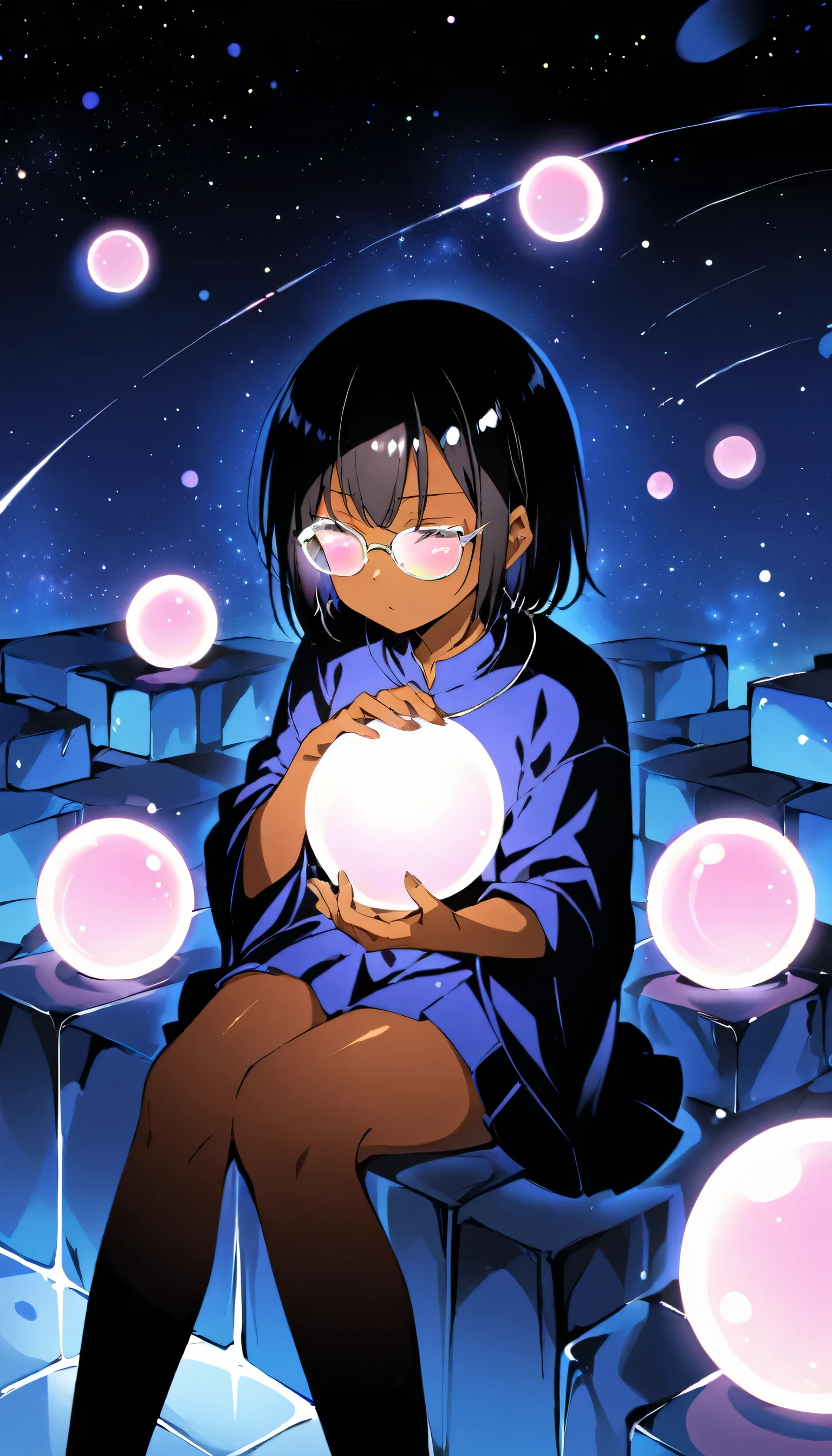 ((One girl)), anime, Short black hair, Dark Skin, Shiny glasses lenses, Mouth closed and expressionless, Sitting, She holds a glowing sphere in her hand.、Two other glowing spheres orbit her..