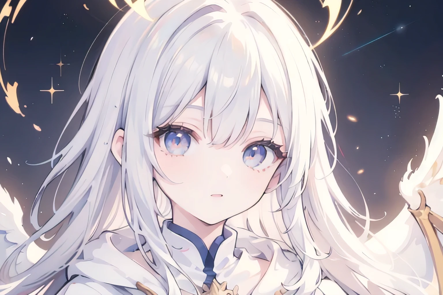 (masterpiece, top quality, best quality, official art, beautiful and aesthetic:1.2), (1girl), extreme detailed eyes, (fractal art:1.3), colorful, highest detailed, (perfect face), shiny skin, HDR, (white cloak golden lines:1.2), galaxy, (light streaks), striking visuals, (dynamic streaks, luminous trails:1.2), vibrant colors, (phoenix), (dragon)