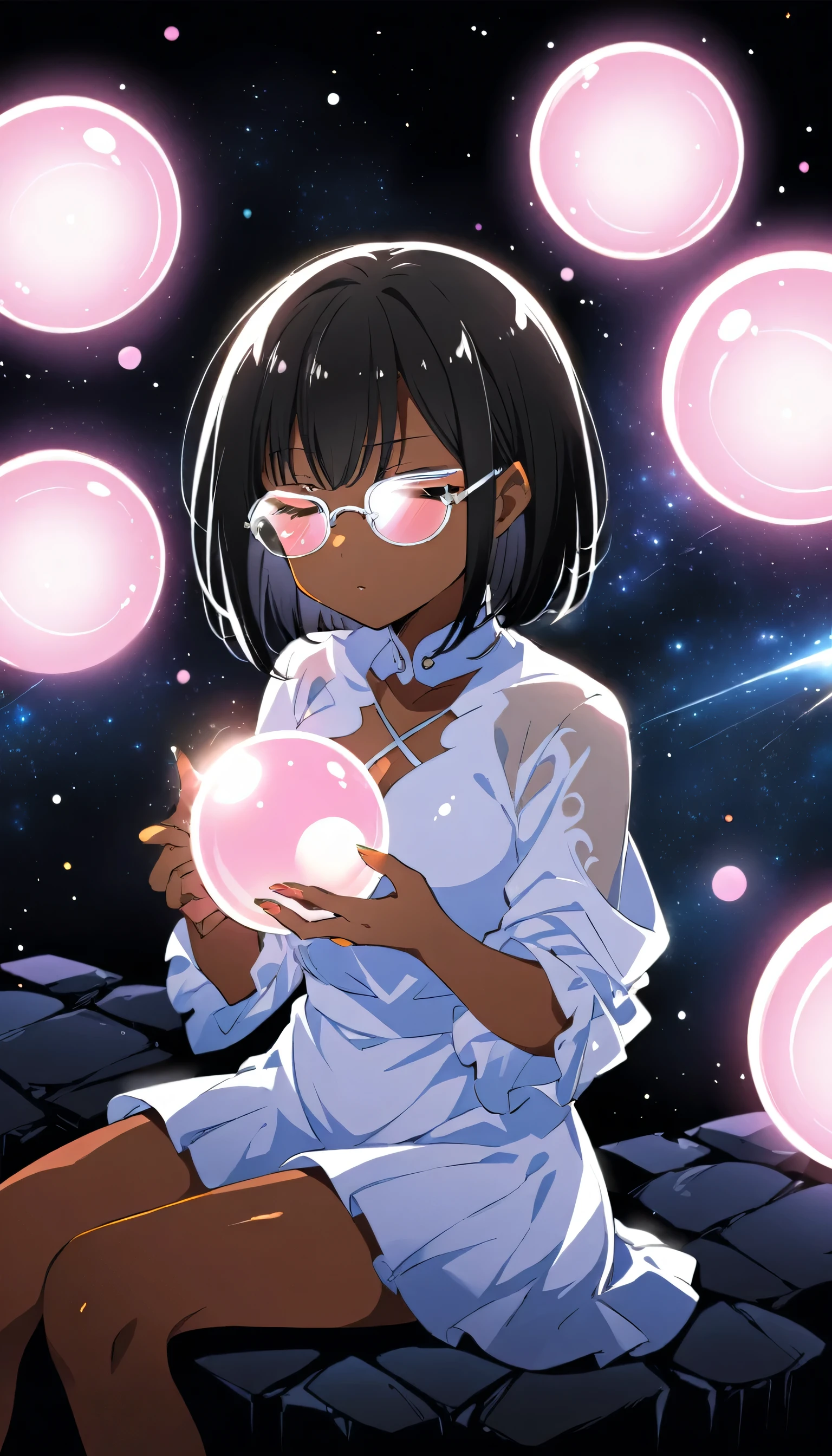 ((One girl)), anime, Short black hair, Dark Skin, Shiny glasses lenses, Mouth closed and expressionless, Sitting, She holds a glowing sphere in her hand.、Two other glowing spheres orbit her..