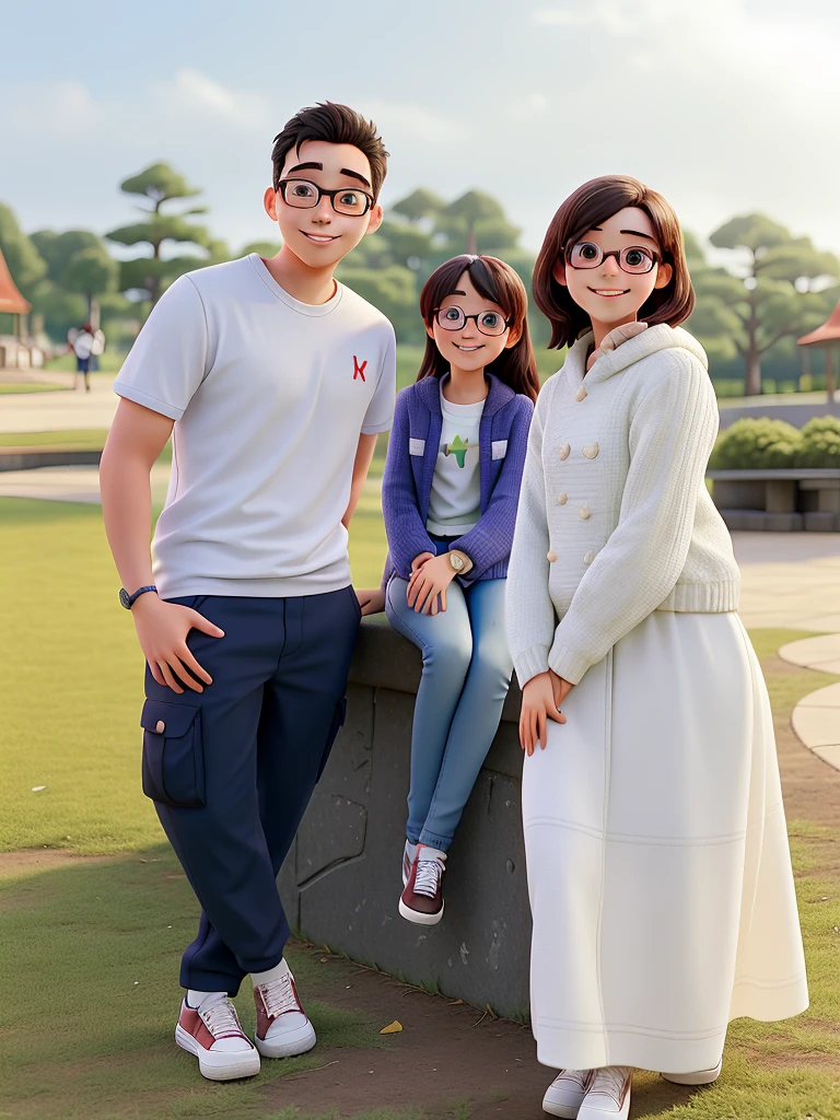 young couple smiling in the park with a girl. he wears square glasses and she and the are Japanese