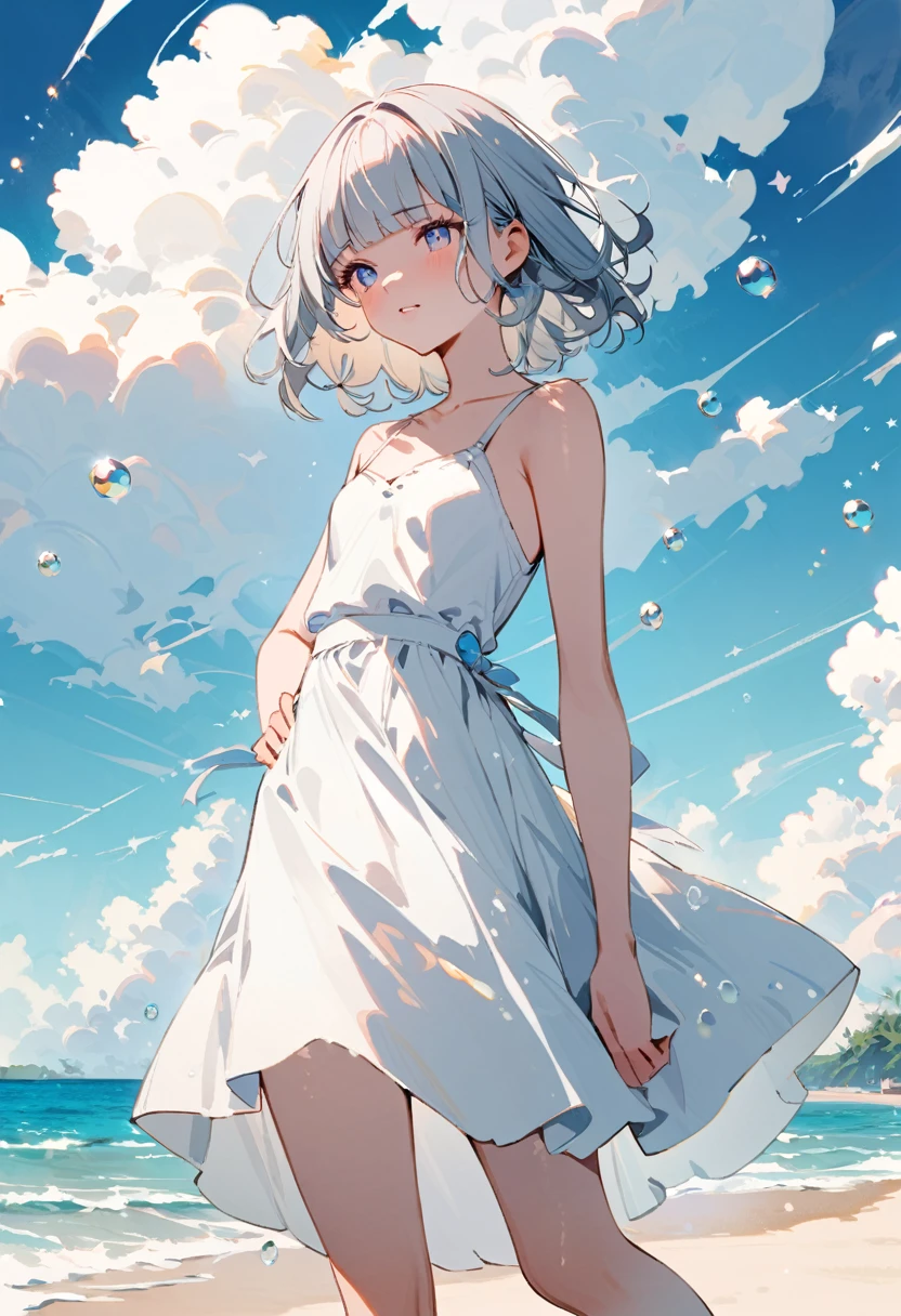 A girl is walking along the beach with her head down,Many floating soap bubbles,Cumulonimbus,White dress,Sandals,(16yo,beautiful detailed face,BREAK (navy hair),(wavy-short hair),parallel eyebrows,eyes with large irises,blunt bangs,fresh lips,small breasts,small hip,(5feet tall)), BREAK pop Watercolor, (masterpiece, best quality:1.1),
