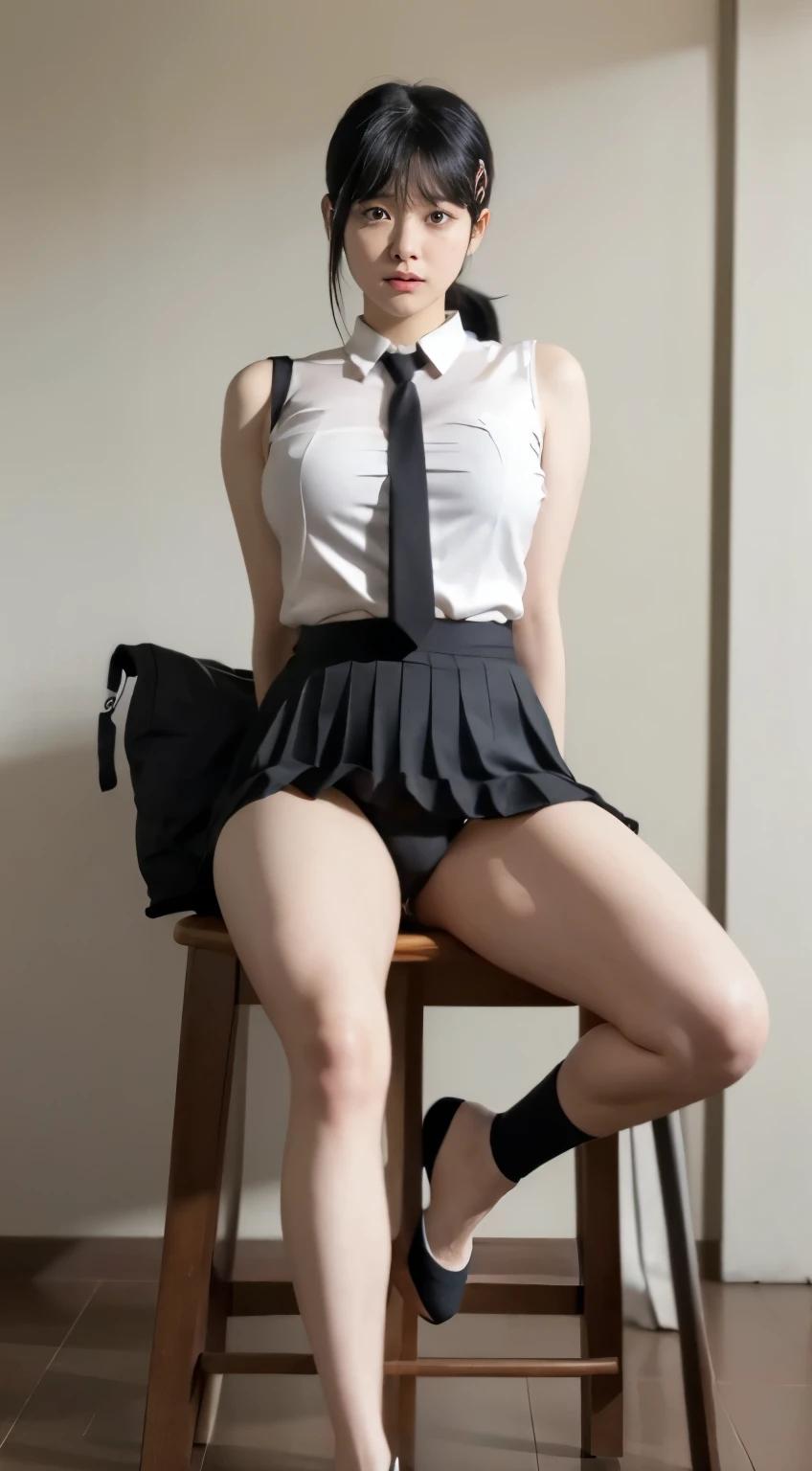 Highest quality、Ultra-high resolution、Professional Lighting、Detailed Background、In the classroom、full body,Kobeni-chan、A sloppy smile、25-year-old woman、beautiful girl、(Kobeni-chan、Jet black hair, Black Hair, bangs, One-sided hair,)、(Red Hair Clip:1.1)、(White sleeveless shirt:1.2)+(Black tie:1.2)+(Grey pleated skirt:1.2)、Black tights、(Huge breasts that look like they might burst:1.2)、(Big thighs:1.1)、Troubled face、Confused Eyes、Sitting on a desk、(Open your crotch to show your underwear:1.5)、(A woman spreading her legs to show her shorts)、Facing forward、
