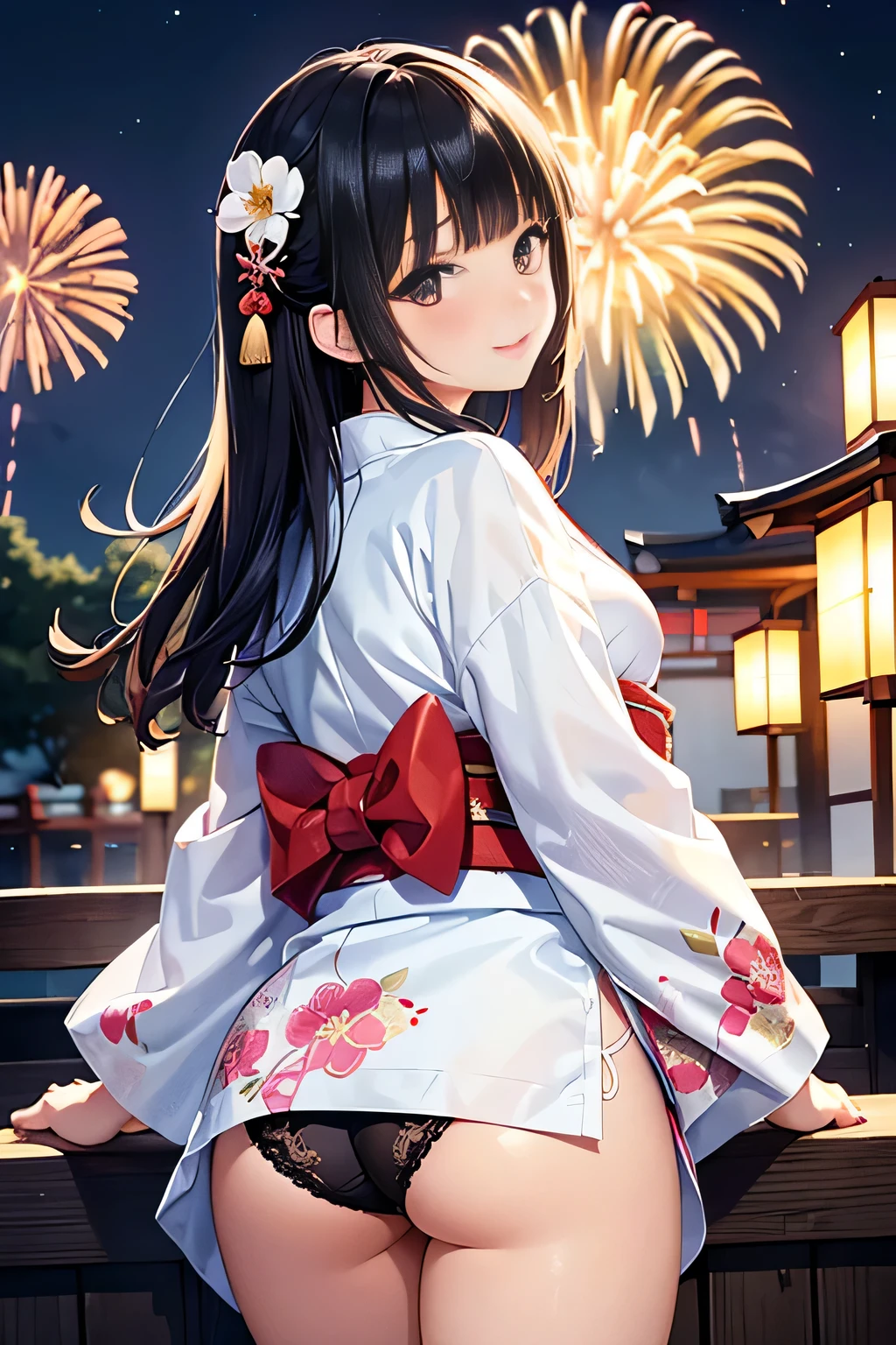 ((sexy cute mini kimono and elegant beautiful white laced panties)),
((looking back)),♥(Japanese beautiful flower printed kimono,yukata),((1girl,cute,young,semi long beautiful black hair,blunt bangs,twin tales,beautiful eyes)),(solo),((masterpiece, highest resolution,best quality)), (beautiful illustration),(Japanese beautiful flower printed kimono,yukata),
(looking at the viewer), innocent smile,cinematic lighting,Japanese Festival,stall,fireworks,night sky,full moon,shooting star,