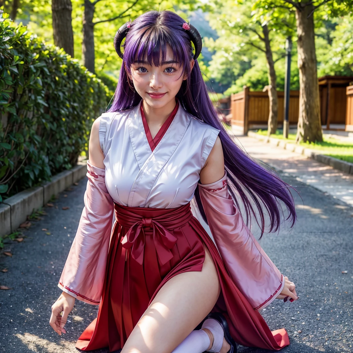 ultra-detailed, Beautiful body, Beautiful Nose, Beautiful character design, perfect eyes, perfect face, ultra highres, 16K, beautiful legs, perfect legs, Nice hands, Perfect hands, Masterpiece, Best Quality, Highly detailed, illustration, absurdres, perfect anatomy, expression of joy, glowing eyes, looking at viewer, mystic aura, female priestess, full body, goddess-like, happy trance, perfect female body, smile, japanese clothes, miko, detached sleeves, hakama, hakama skirt, red hakama, ribbon-trimmed sleeves, zori sandals, joyful eyes, horns, 1girl, hair ornaments, purple hair, long hair, purple eyes, (((pixel-perfect, detail-perfect))), solo, Hanyuu, higurashi when they cry, umineko when they cry, medium sized natural
