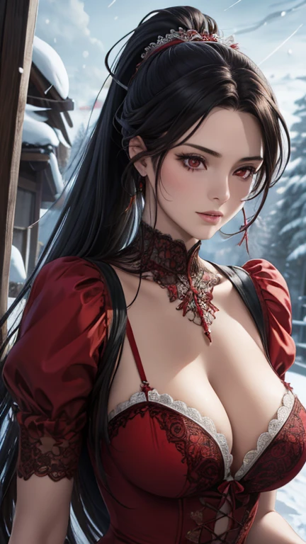 red eyes, (highest quality, masterpiece painting:1.3), immature woman, , (half body shot), masterpiece, ultra high resolution, (Photoreal:1.0), black hair, ponytail, straight hair, beautiful shining hair, white and shining skin, ((Ultra realistic details)), octane rendering, highly detailed face, (big breasts:0.8), She wears stunning costumes inspired by Belle Époque style, flowing red dress decorated with lace and ribbons, (clothing: red belle époque dress with lace and ribbons),cleavage, perfect body, soft skin, anime face, perfect face, perfect eyes, looking at the viewer, smart, snow scene, ((snow falling)), ((fantastic night)), ((outdoors)), sharp focus, intricate details, professional artwork, (bright colors:1.1), bright colors, diffused lighting, digital blending, ultra-definition body, ultra detail hair, super detailed face, that'It's trending on pixiv, top button open, Cute gaze, compensate, perfect lips, perfect compensate, Ultra-precision coating, (light_smile:0.8), (Very embarrassed:1.2), blush your nose,
