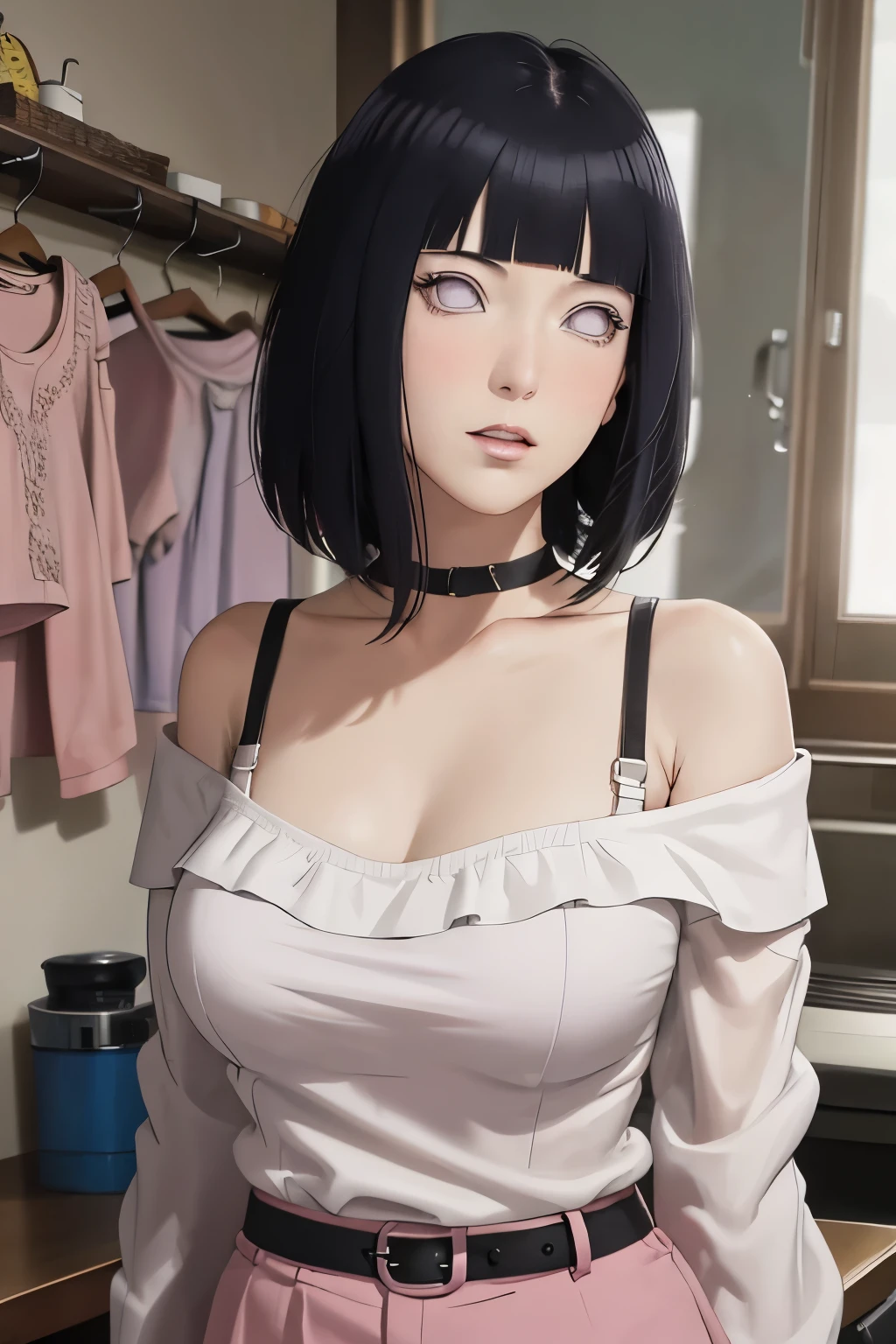 masterpiece, absurdres, hinata\(boruto\), 1girl, solo,mature female, off-shoulder strap bra, high waist short skirt, looking at viewer, perfect composition, detailed lips, big breast, beautiful face, body propotion, blush, (pink lips), long hair, purple eyes, soft gaze, super realistic, detailed, photoshoot, realistic face and body,